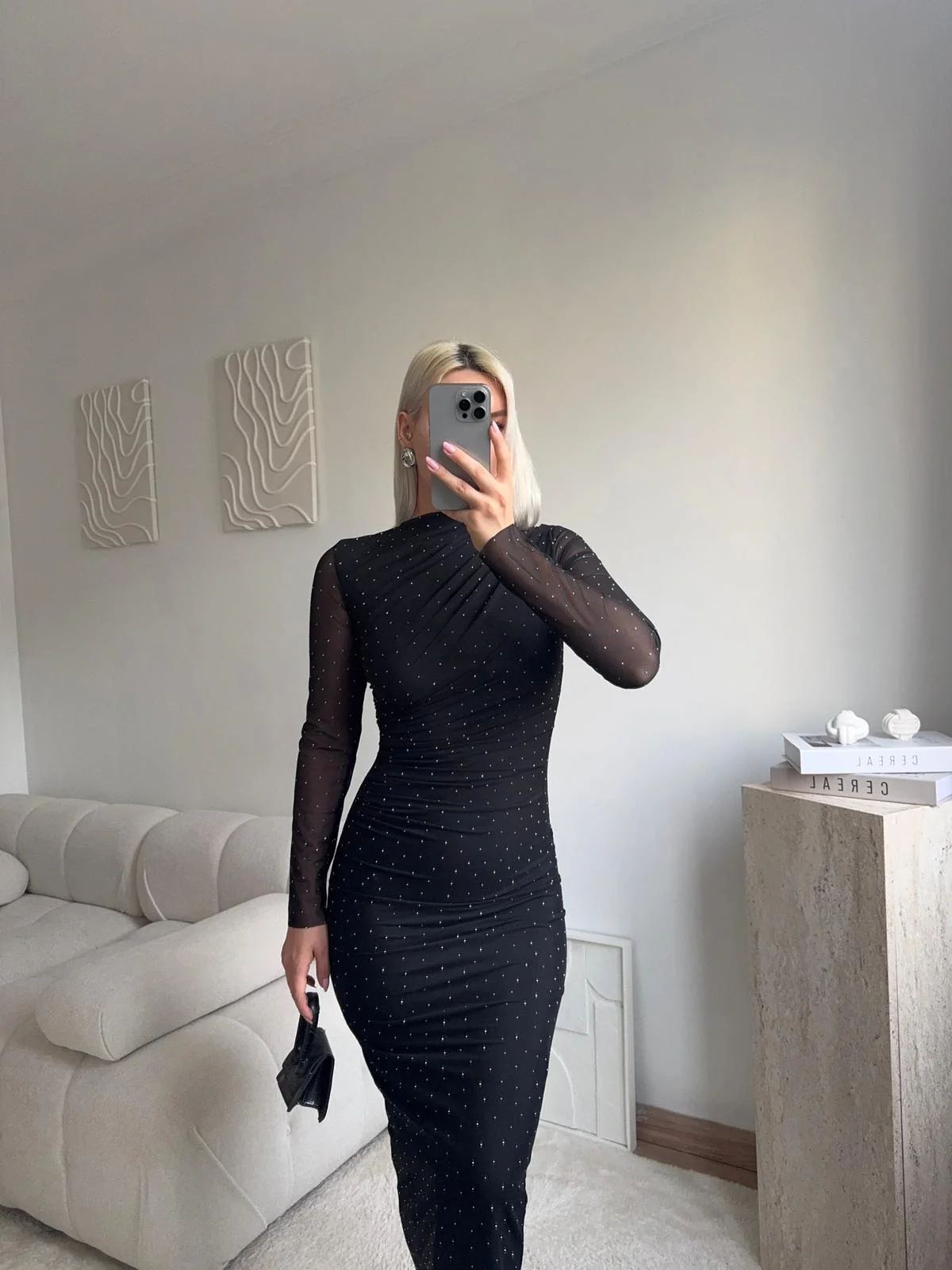 Drapeli Taşlı Tül Elbise - SİYAH