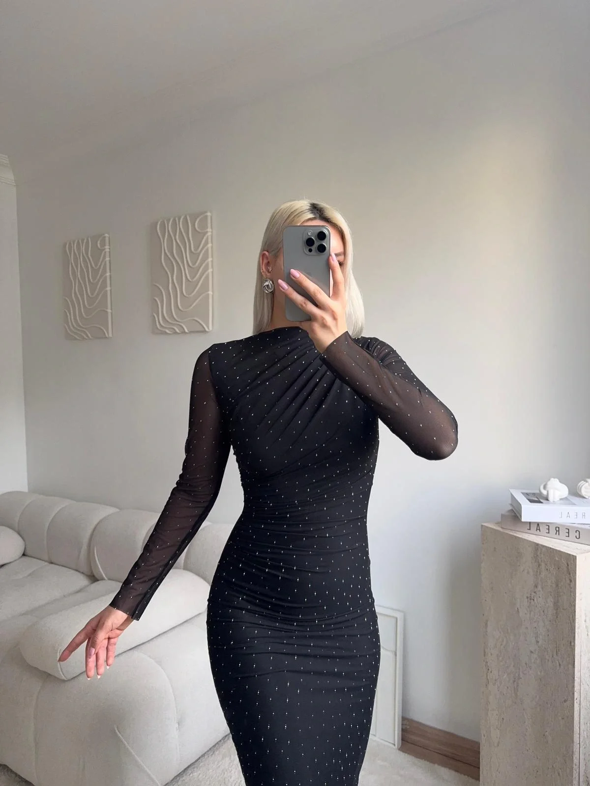 Drapeli Taşlı Tül Elbise - SİYAH