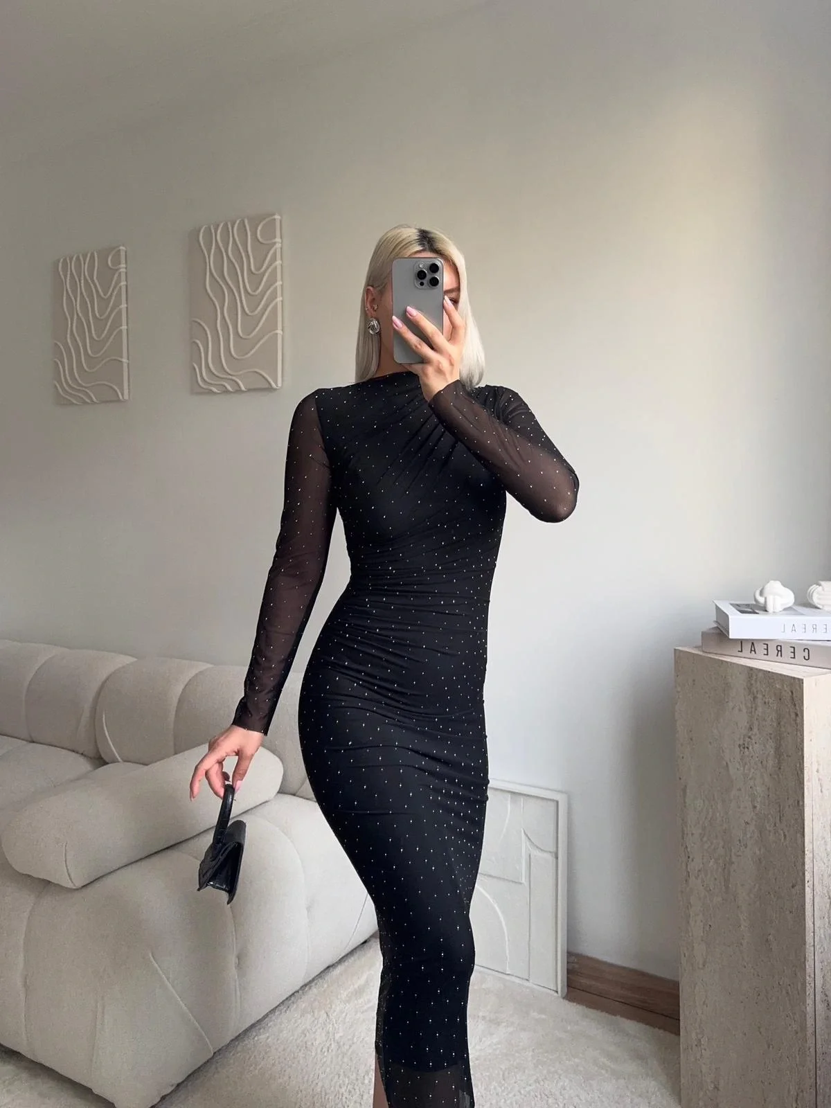 Drapeli Taşlı Tül Elbise - SİYAH