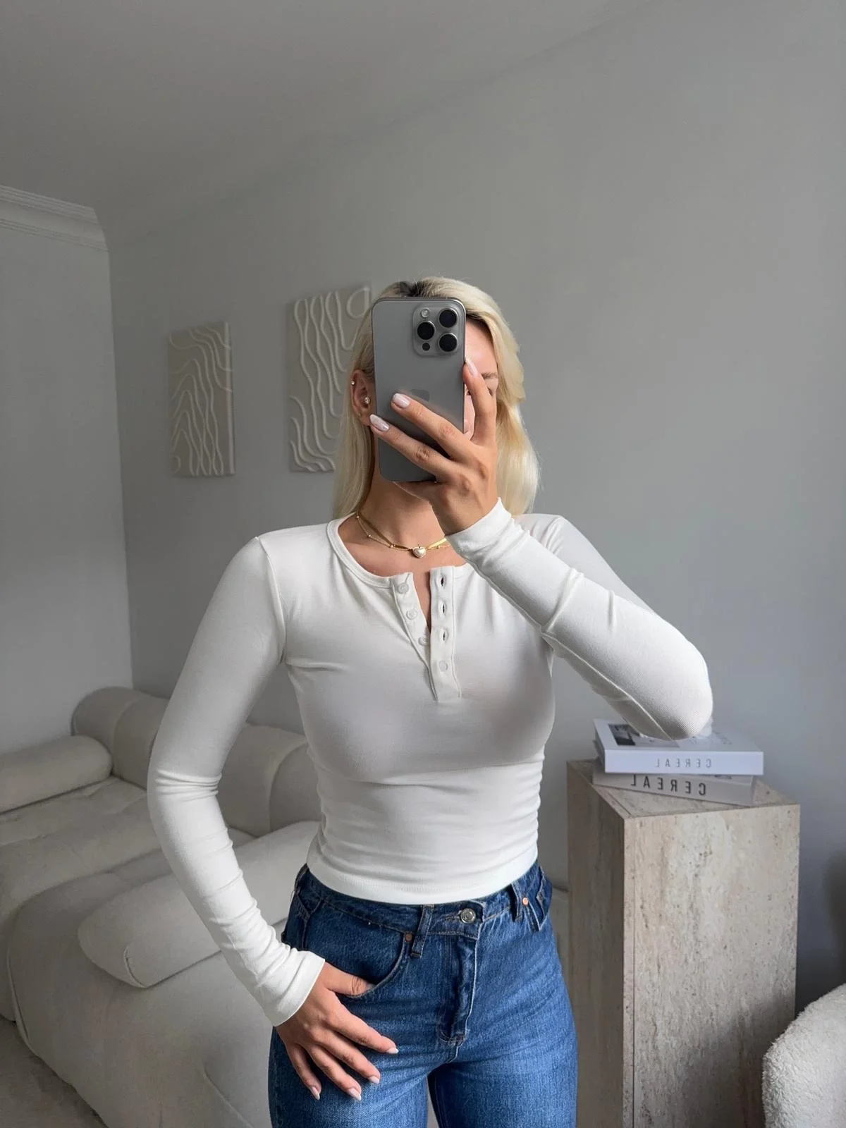 Düğmeli Buzzy Kumaş Crop - BEYAZ