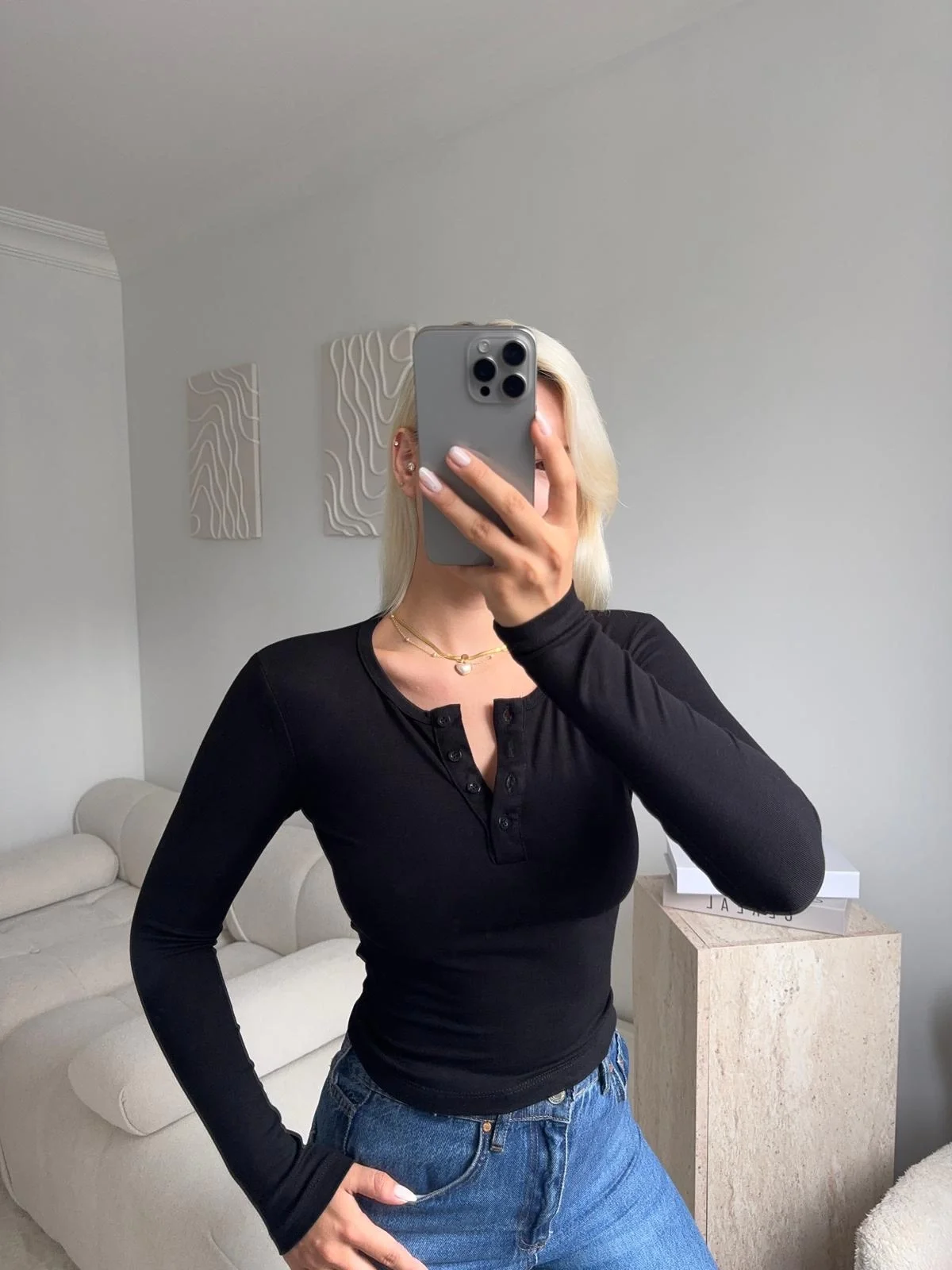 Düğmeli Buzzy Kumaş Crop - SİYAH