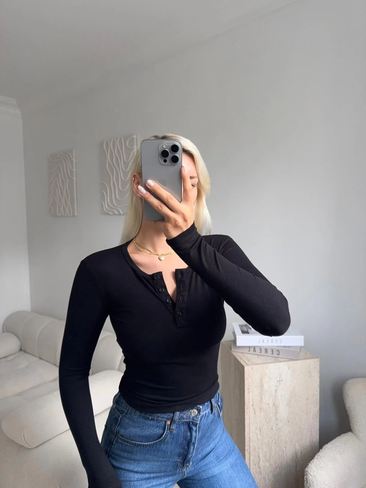 Düğmeli Buzzy Kumaş Crop - SİYAH