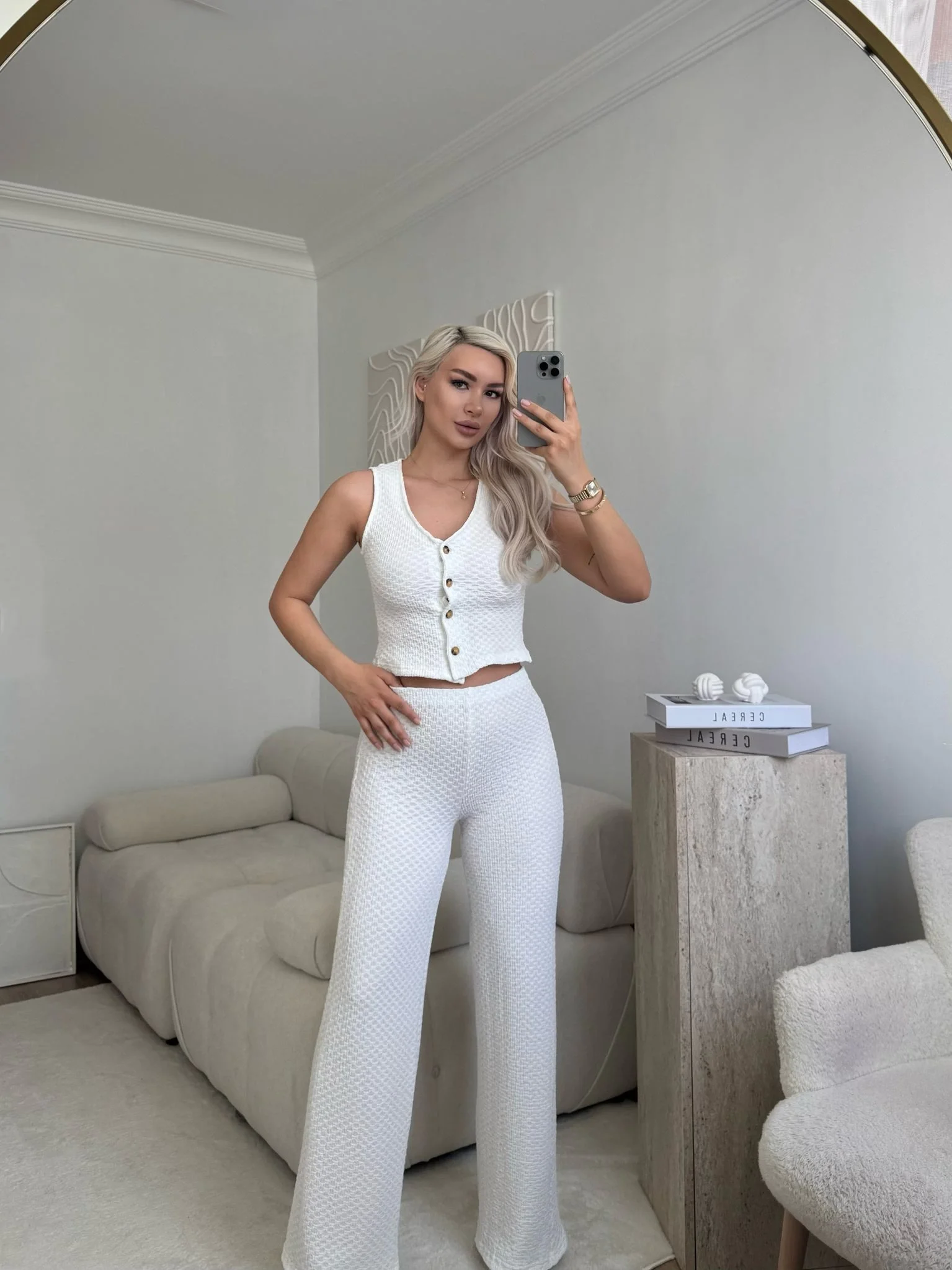 Düğmeli Yelek & Pantolon Takım - BEYAZ