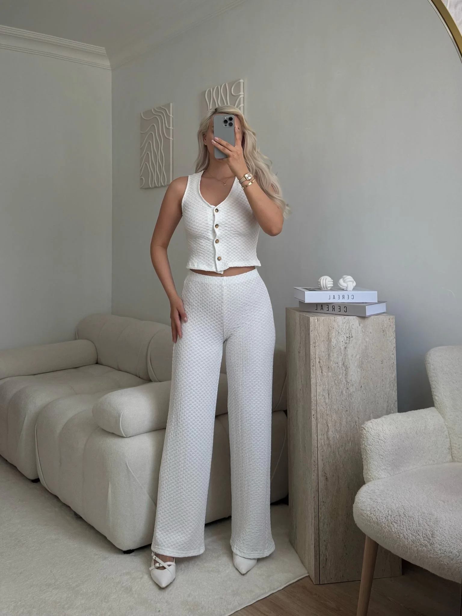 Düğmeli Yelek & Pantolon Takım - BEYAZ