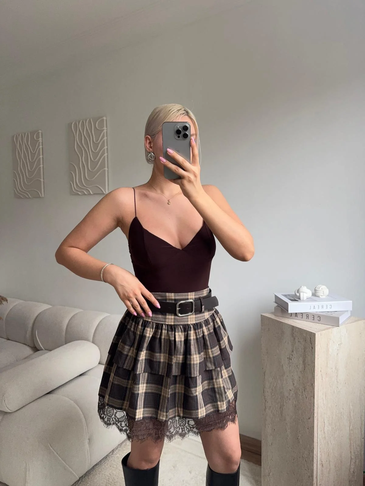 Ekose Dantel Detay Etek - KAHVE