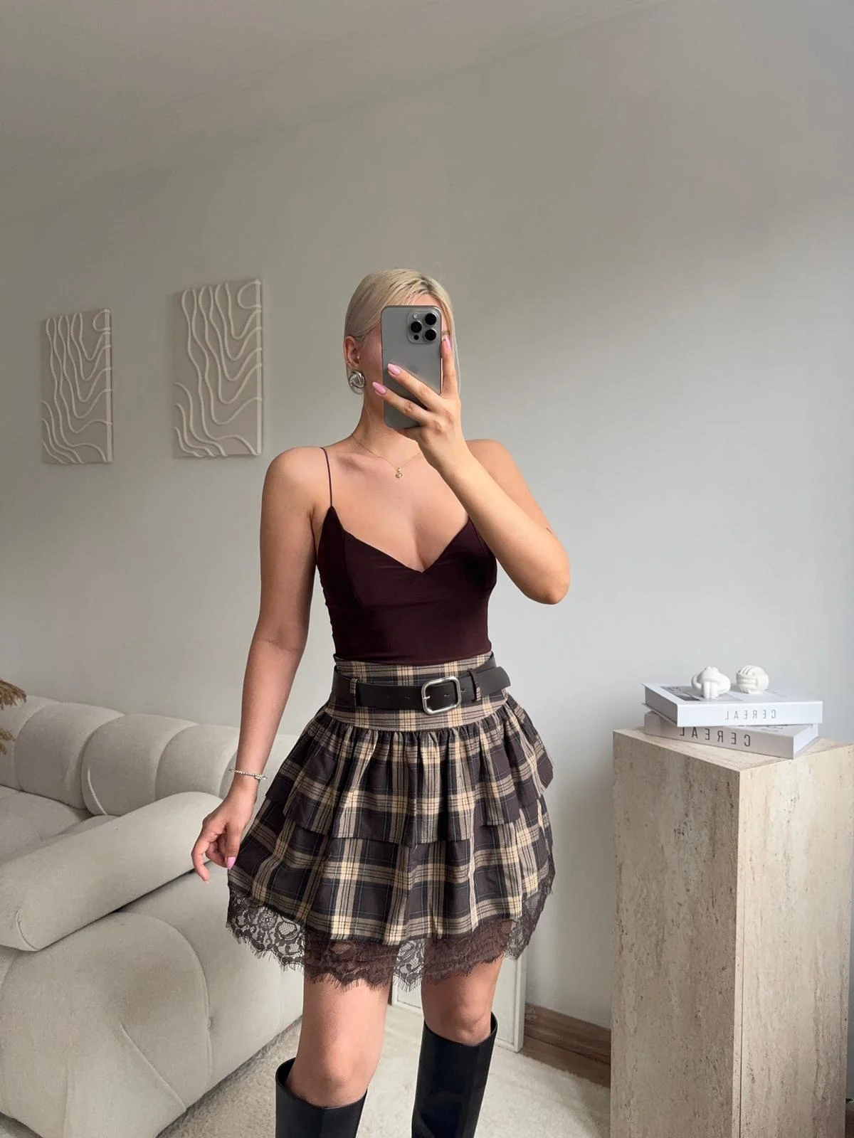 Ekose Dantel Detay Etek - KAHVE