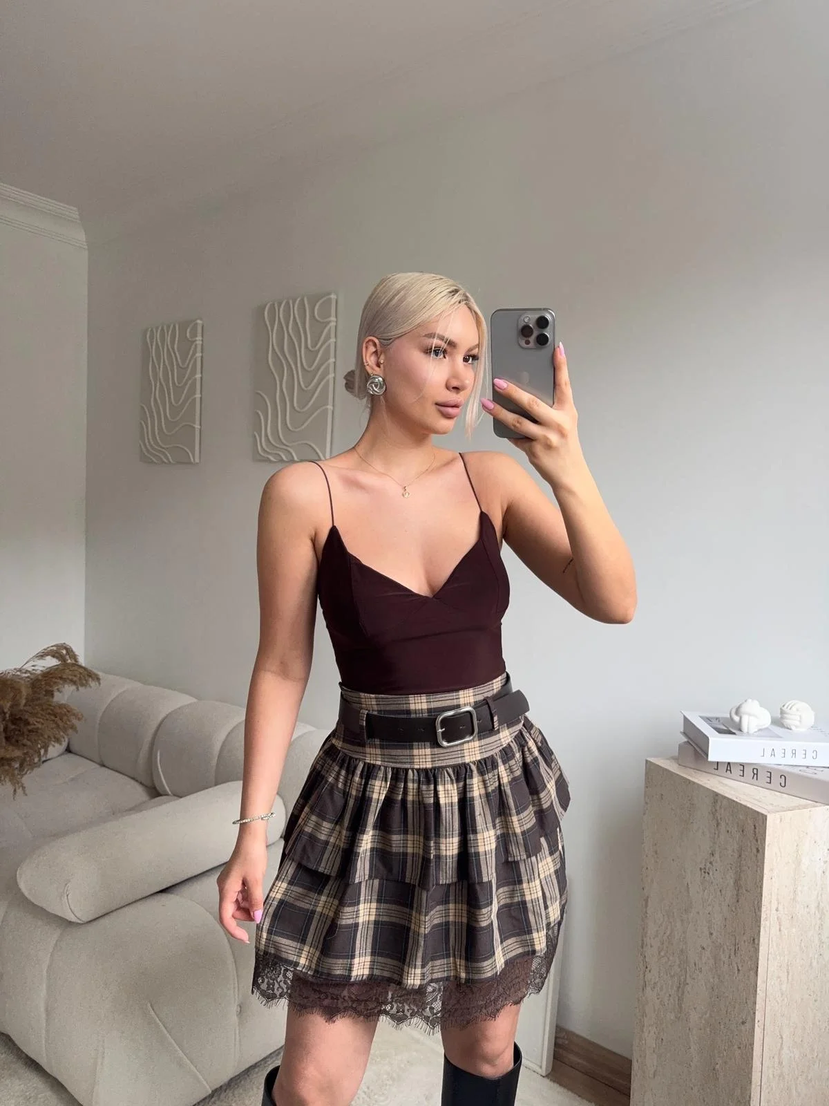 Ekose Dantel Detay Etek - KAHVE