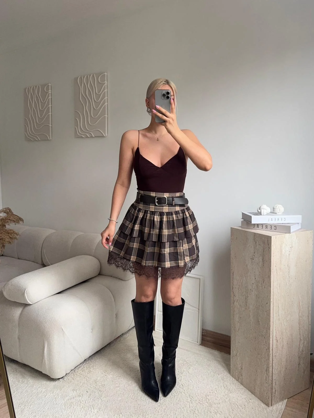 Ekose Dantel Detay Etek - KAHVE