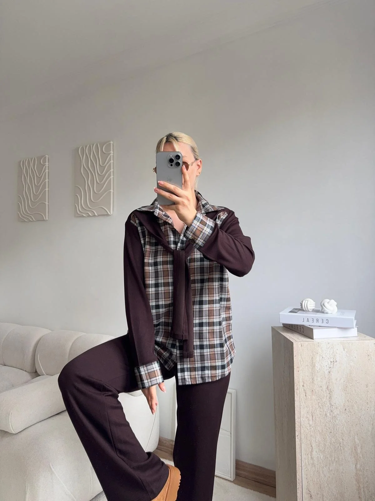 Ekose Gömlekli Bağlamalı Takım - KAHVE