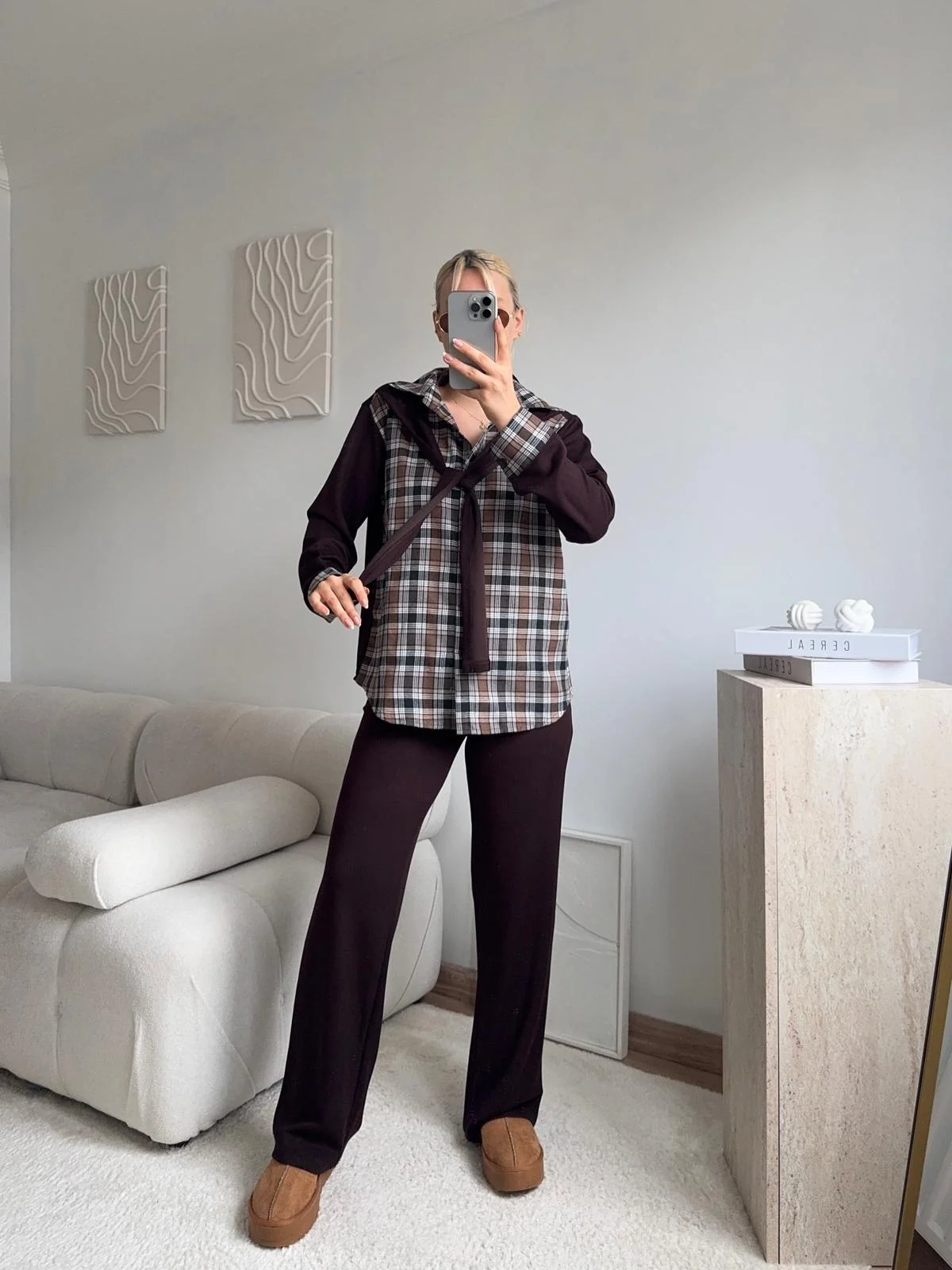 Ekose Gömlekli Bağlamalı Takım - KAHVE