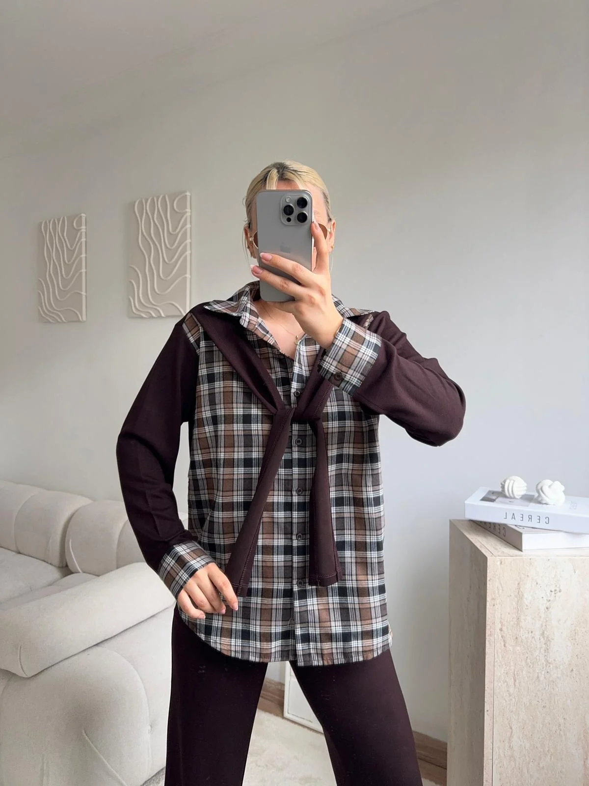 Ekose Gömlekli Bağlamalı Takım - KAHVE