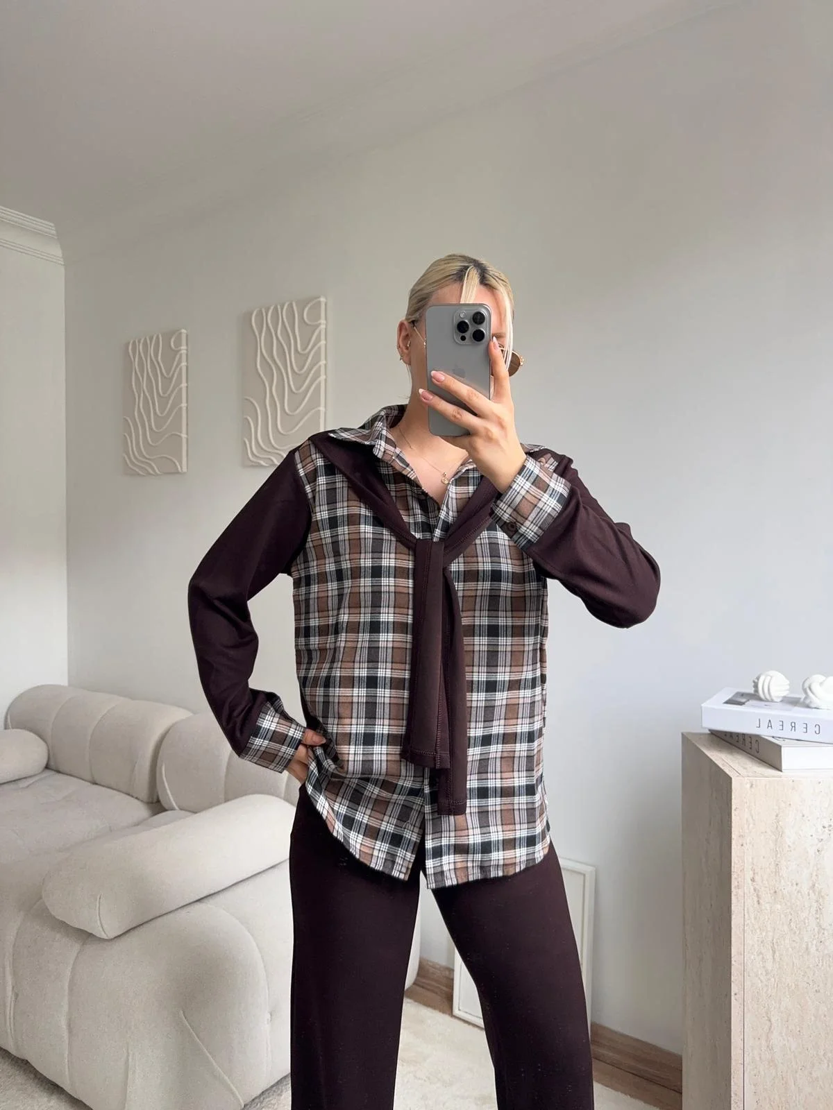 Ekose Gömlekli Bağlamalı Takım - KAHVE