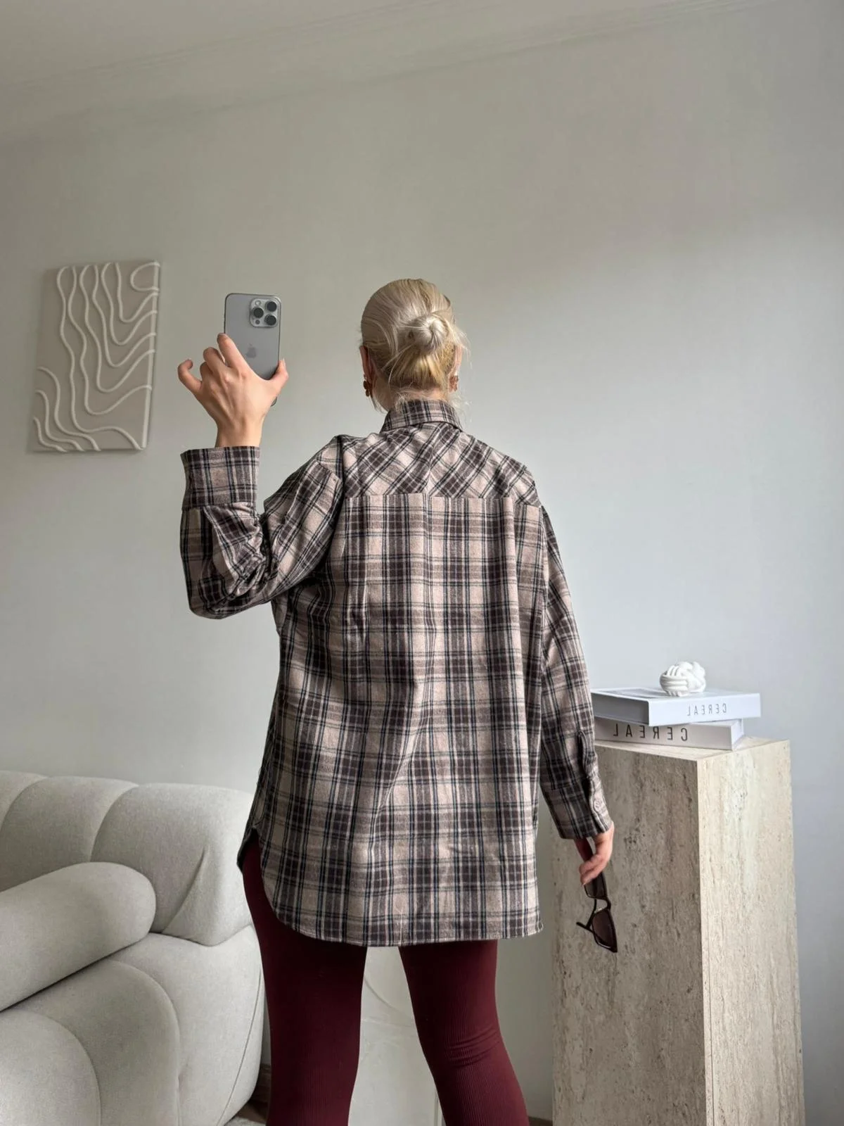 Ekose Oversize Gömlek Ceket - KAHVE