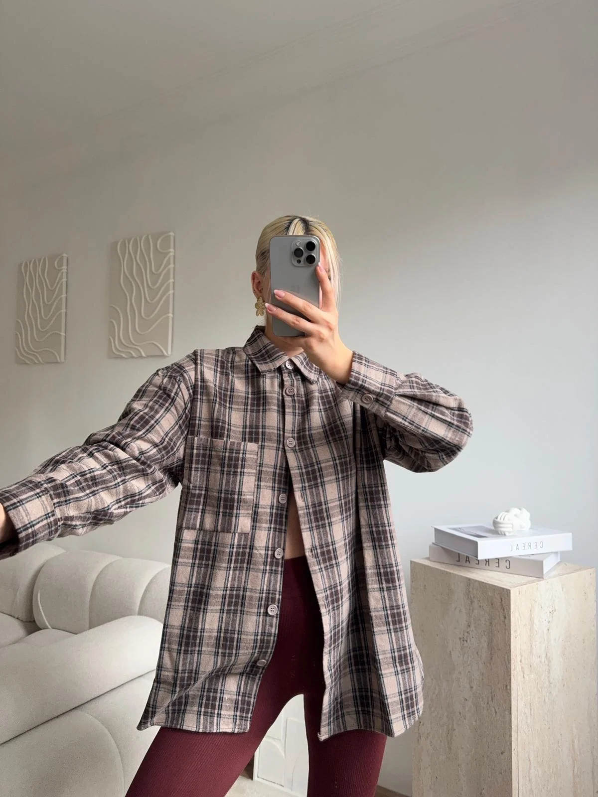 Ekose Oversize Gömlek Ceket - KAHVE