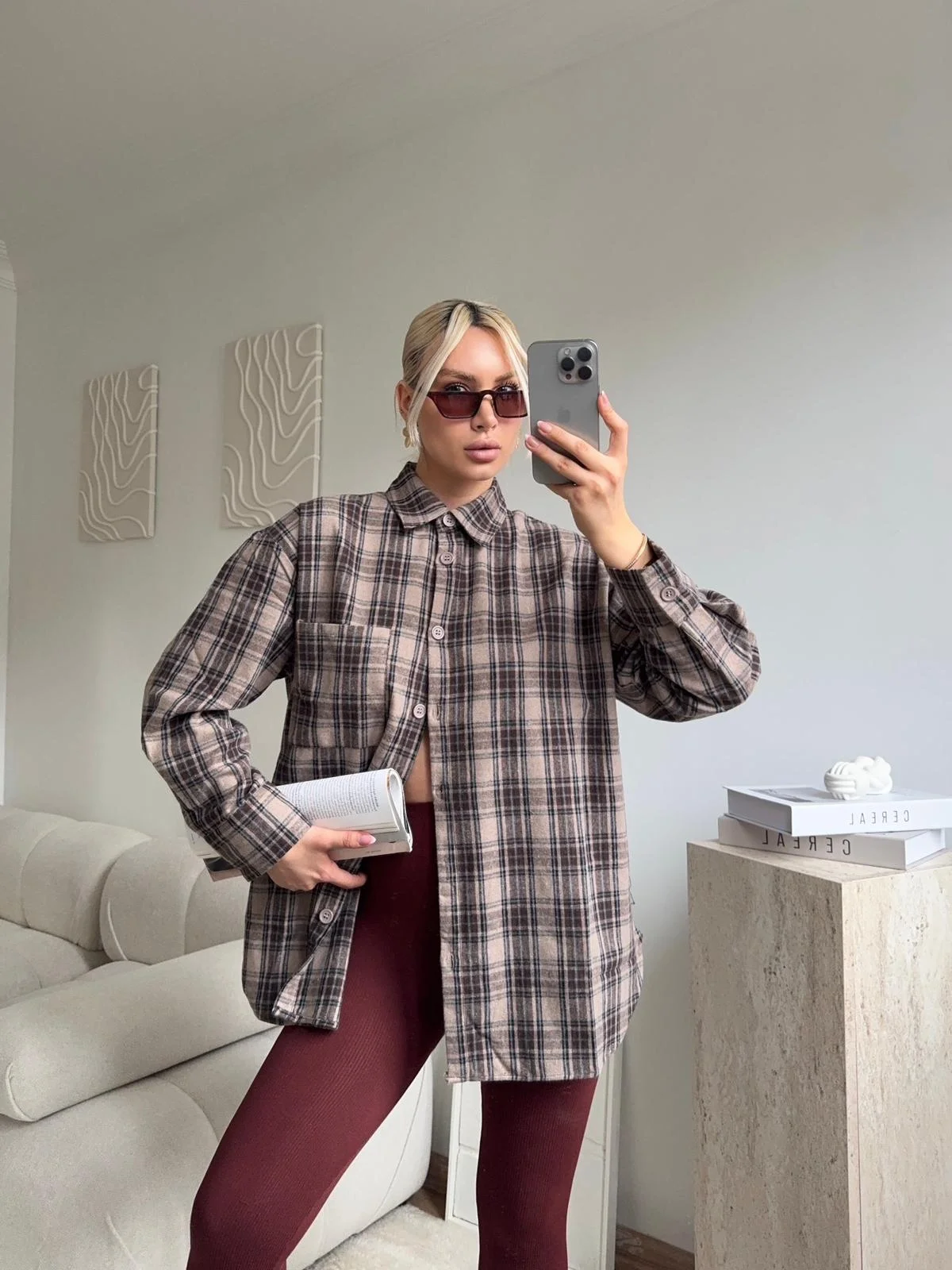 Ekose Oversize Gömlek Ceket - KAHVE