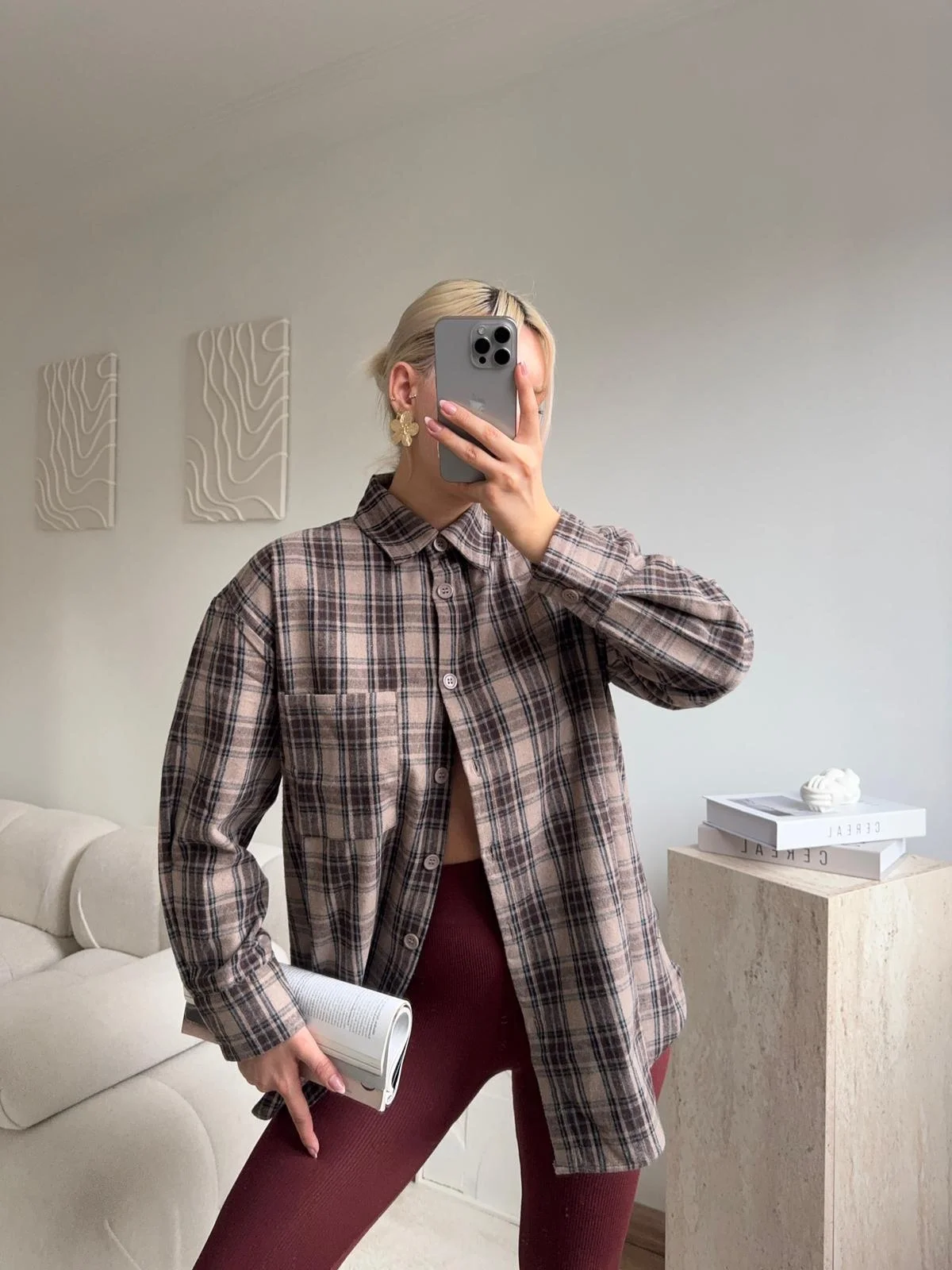 Ekose Oversize Gömlek Ceket - KAHVE