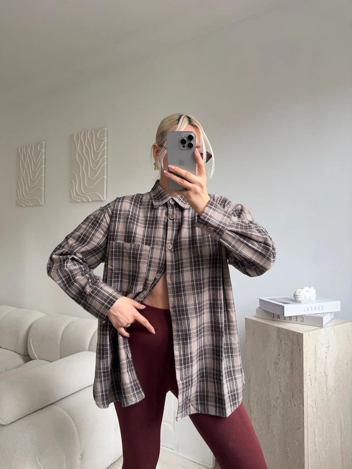 Ekose Oversize Gömlek Ceket - KAHVE