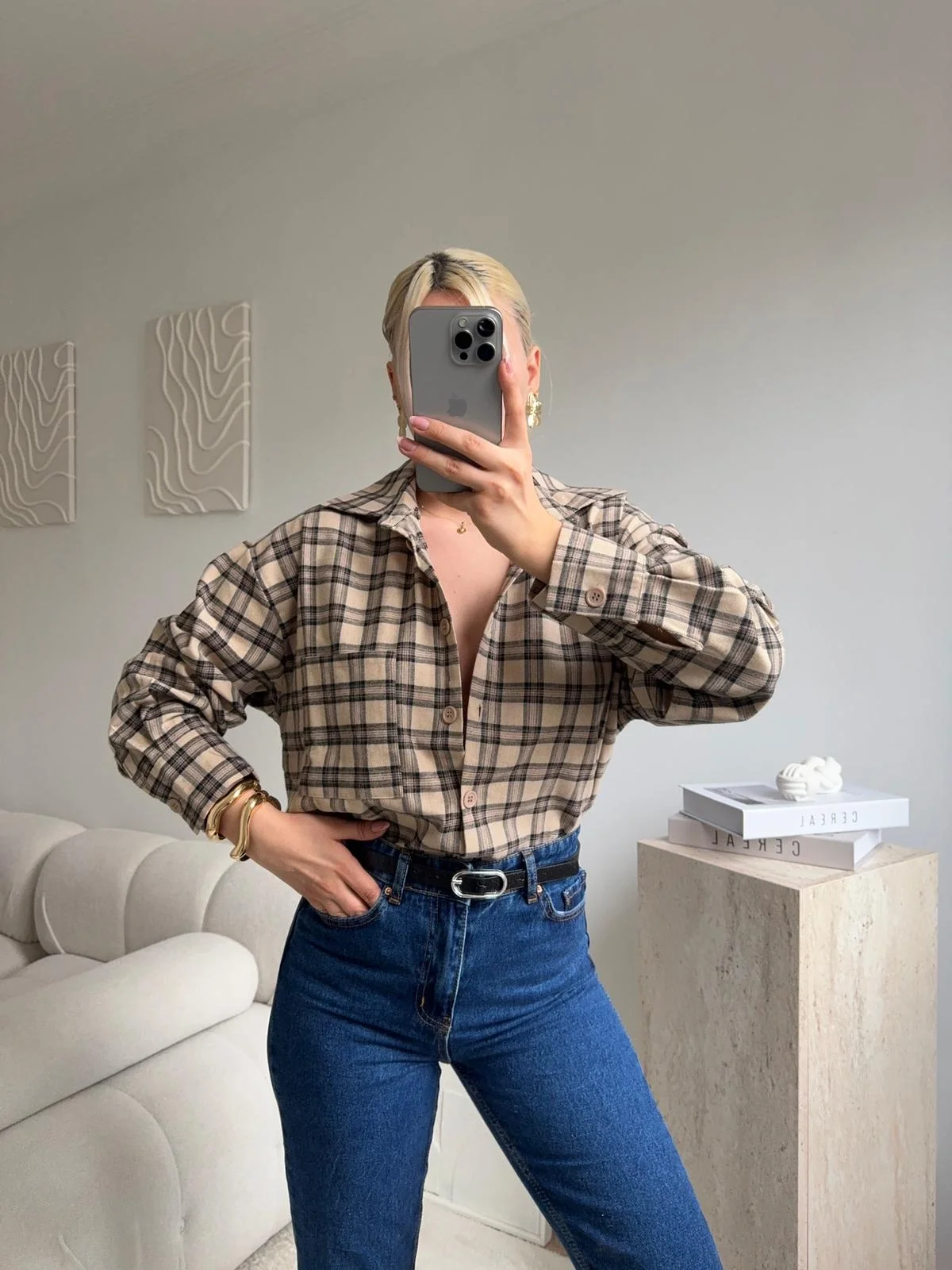 Ekose Oversize Gömlek Ceket - BEJ