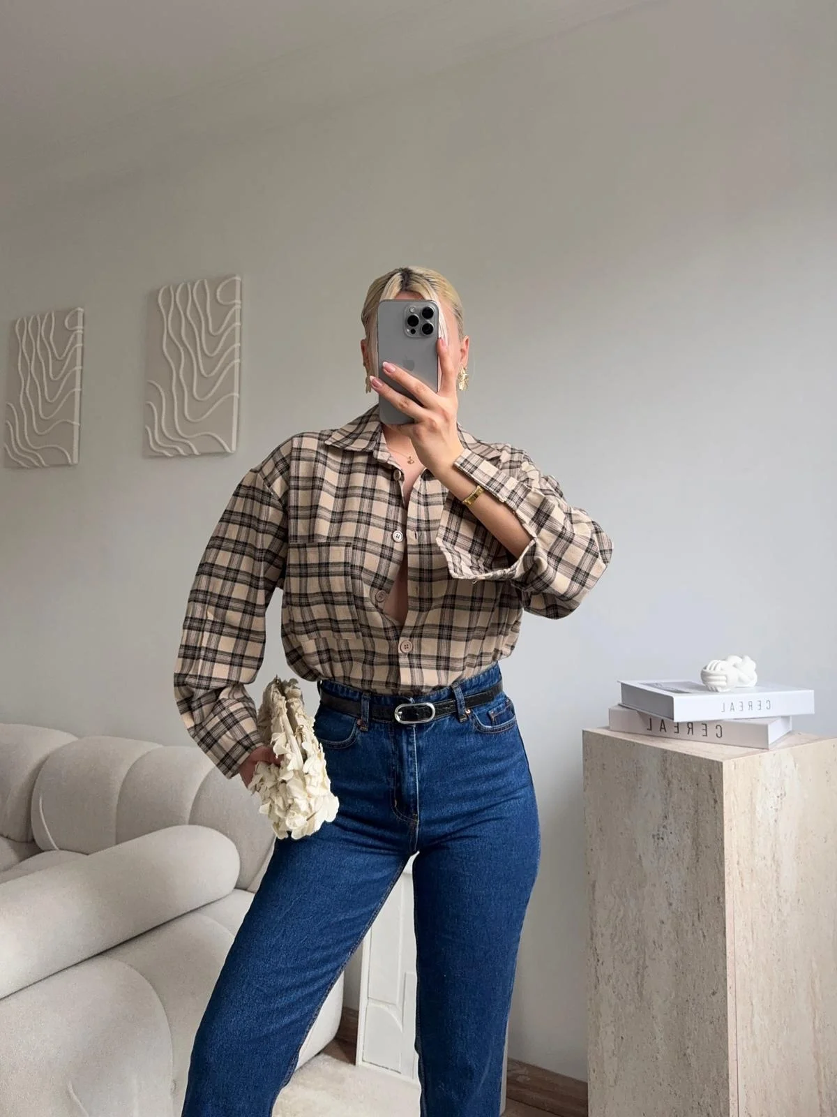 Ekose Oversize Gömlek Ceket - BEJ