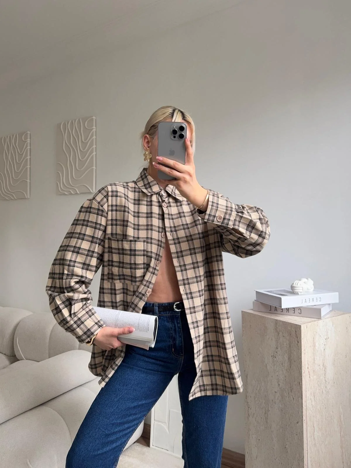 Ekose Oversize Gömlek Ceket - BEJ