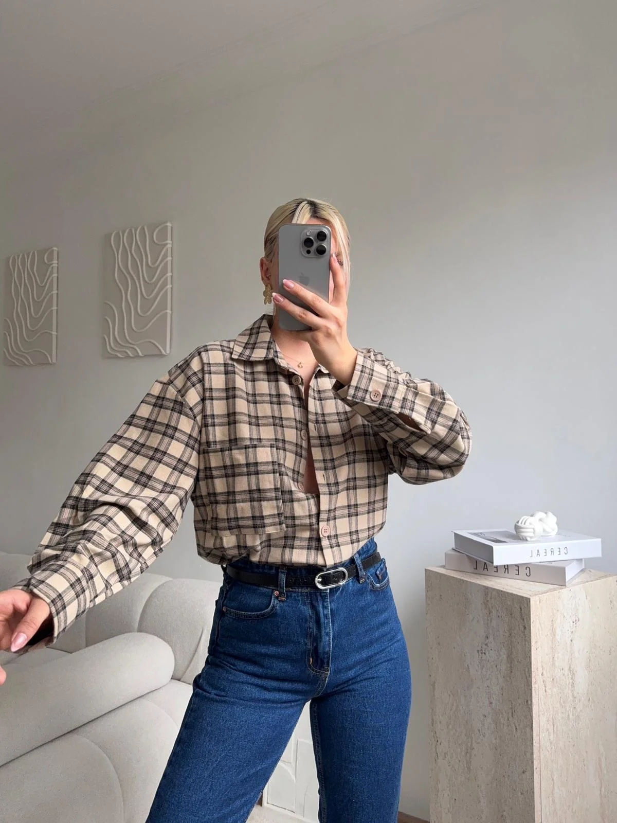 Ekose Oversize Gömlek Ceket - BEJ