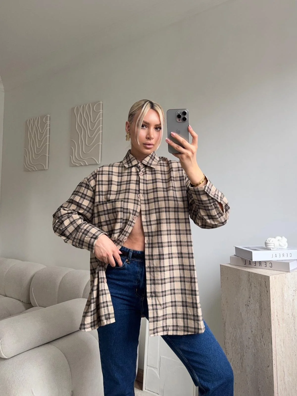 Ekose Oversize Gömlek Ceket - BEJ