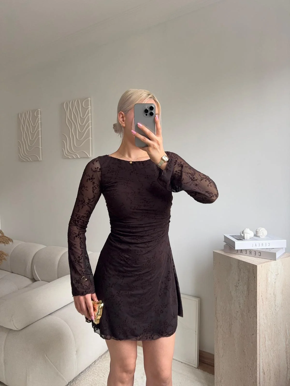 Elegance Dantel Elbise - KAHVE