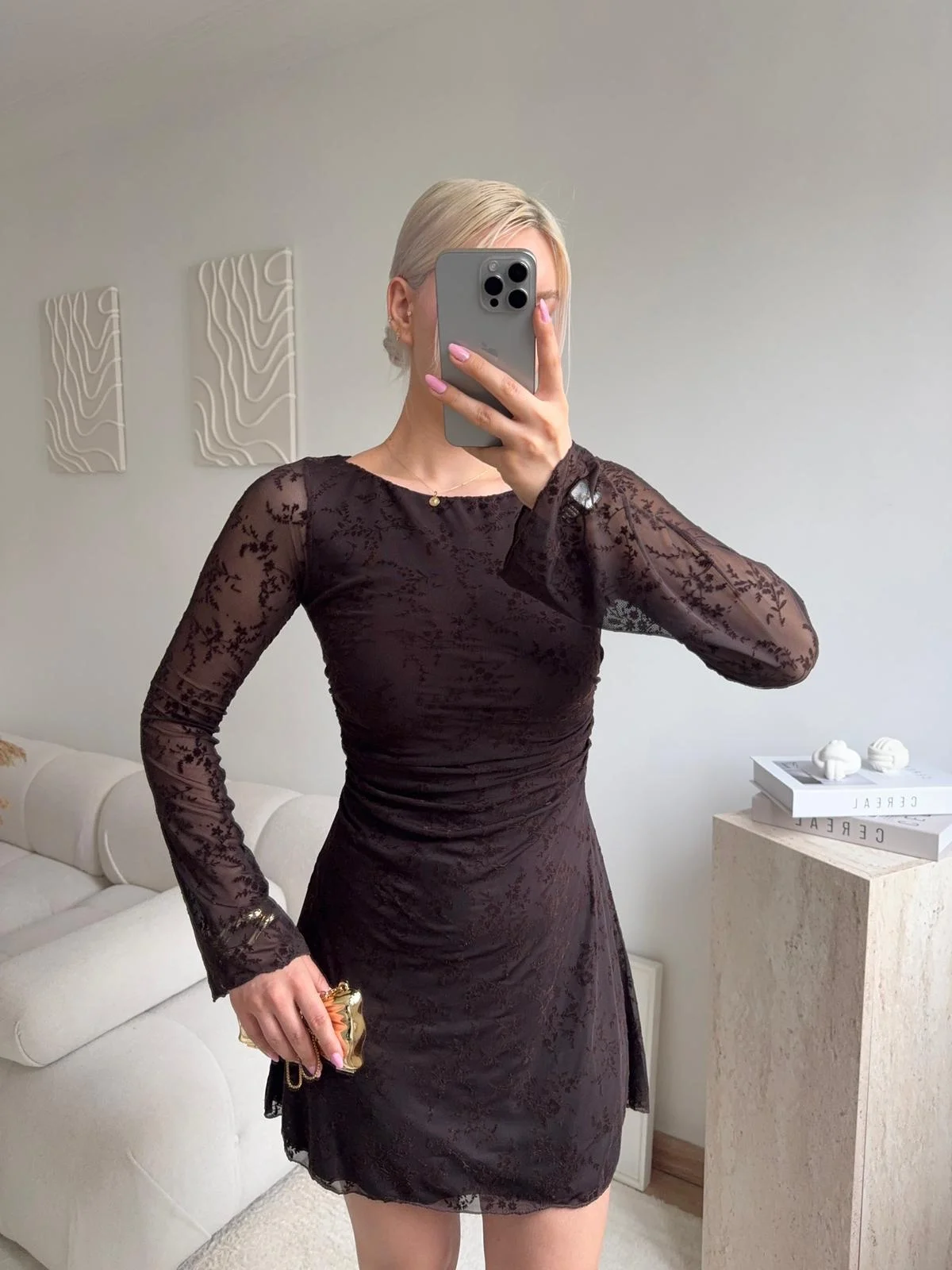 Elegance Dantel Elbise - KAHVE