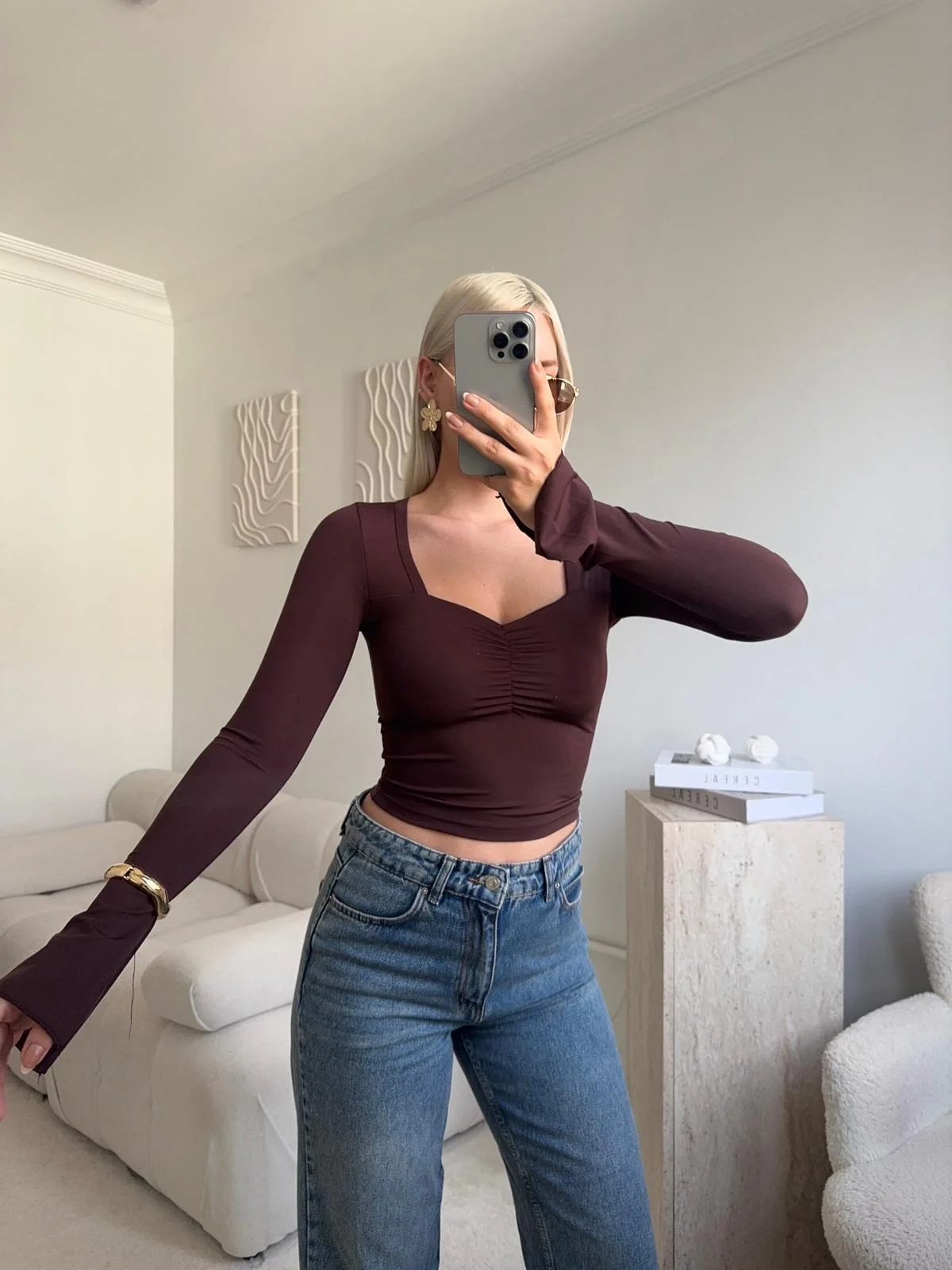 Elegant Kare Yaka Bluz - KAHVE