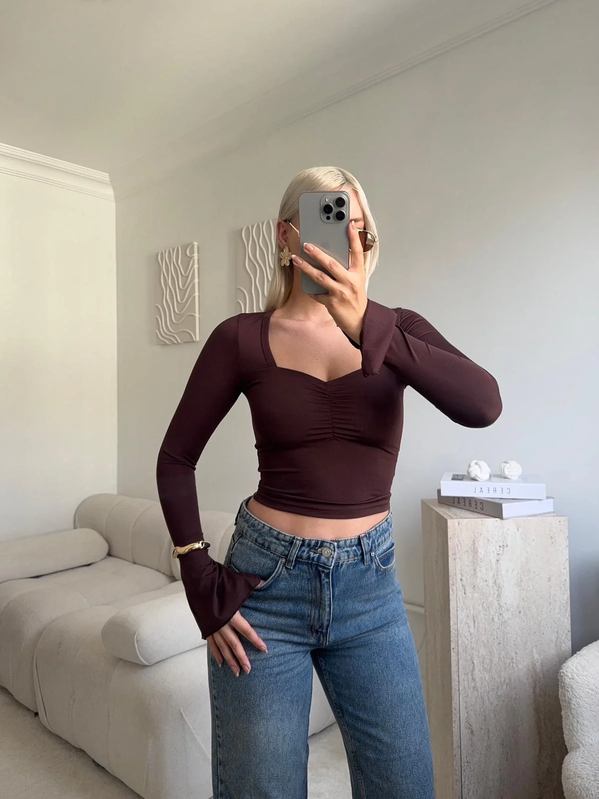 Elegant Kare Yaka Bluz - KAHVE