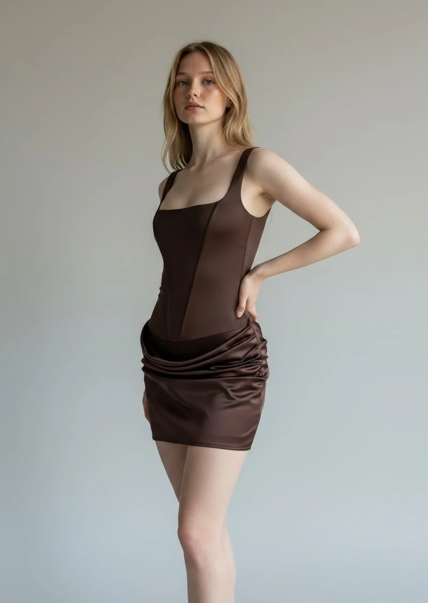 Eteği Drape Bodysuit Elbise - KAHVE