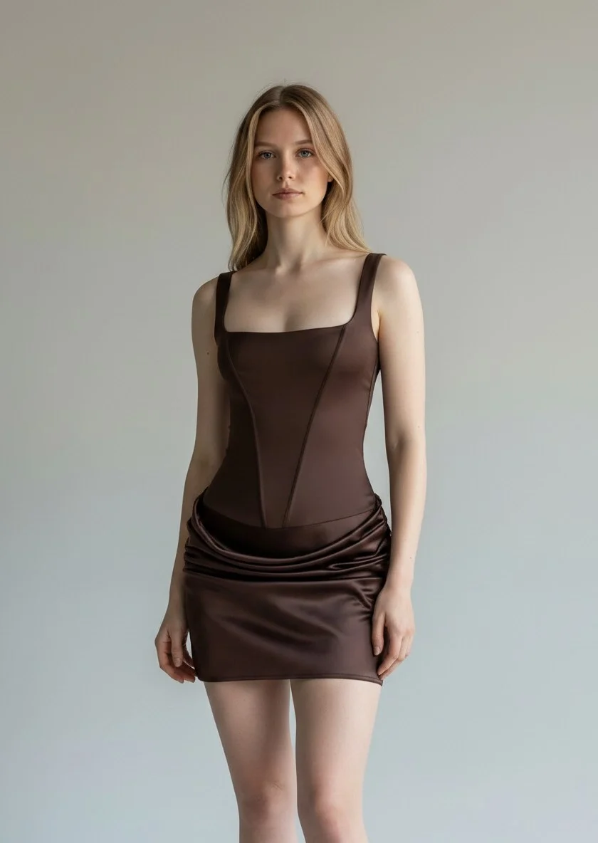 Eteği Drape Bodysuit Elbise - KAHVE