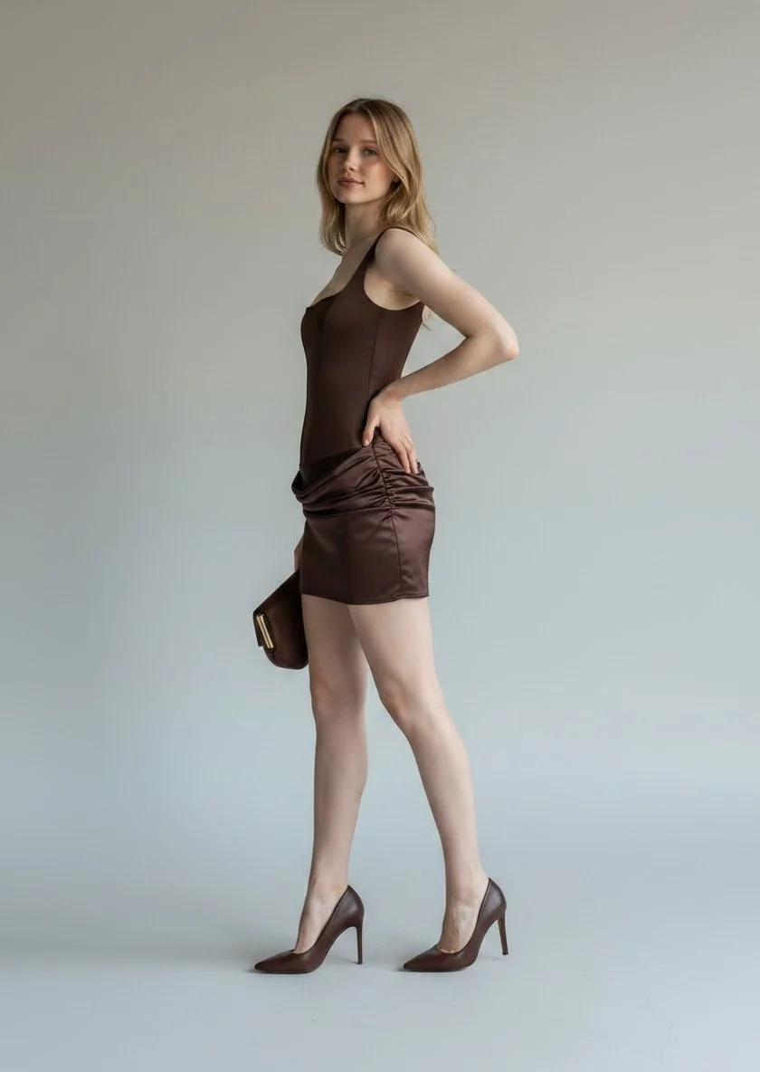 Eteği Drape Bodysuit Elbise - KAHVE