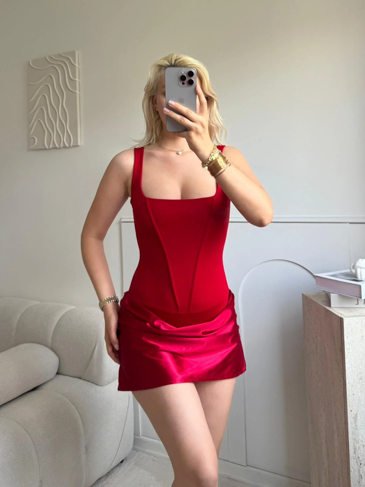 Eteği Drape Bodysuit Elbise - KIRMIZI