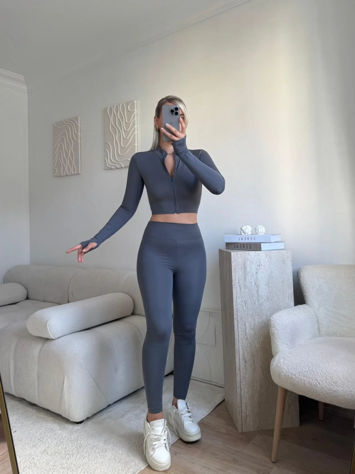 Fermuar Crop & Taytlı İkili Takım - GRİ