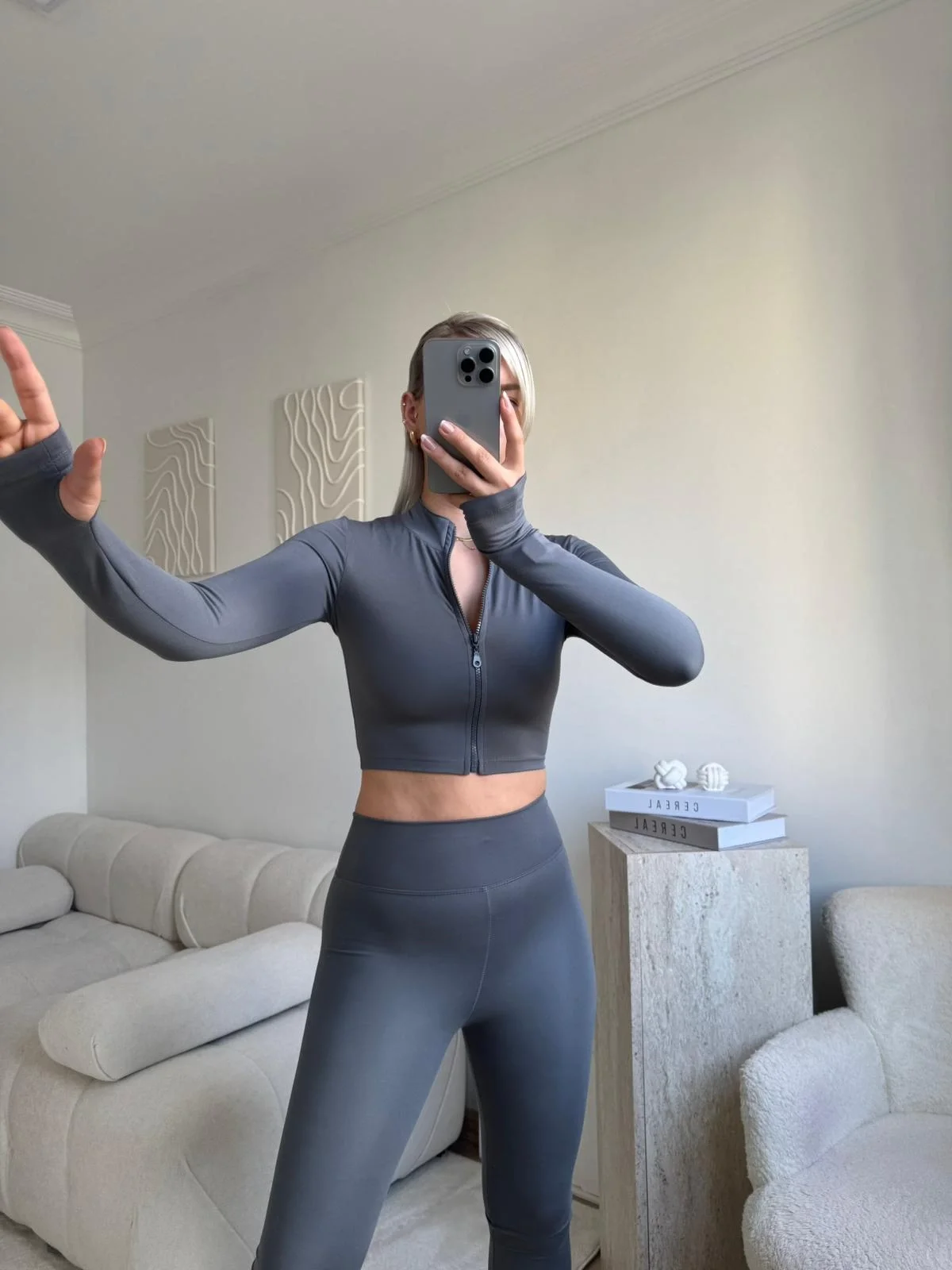 Fermuar Crop & Taytlı İkili Takım - GRİ