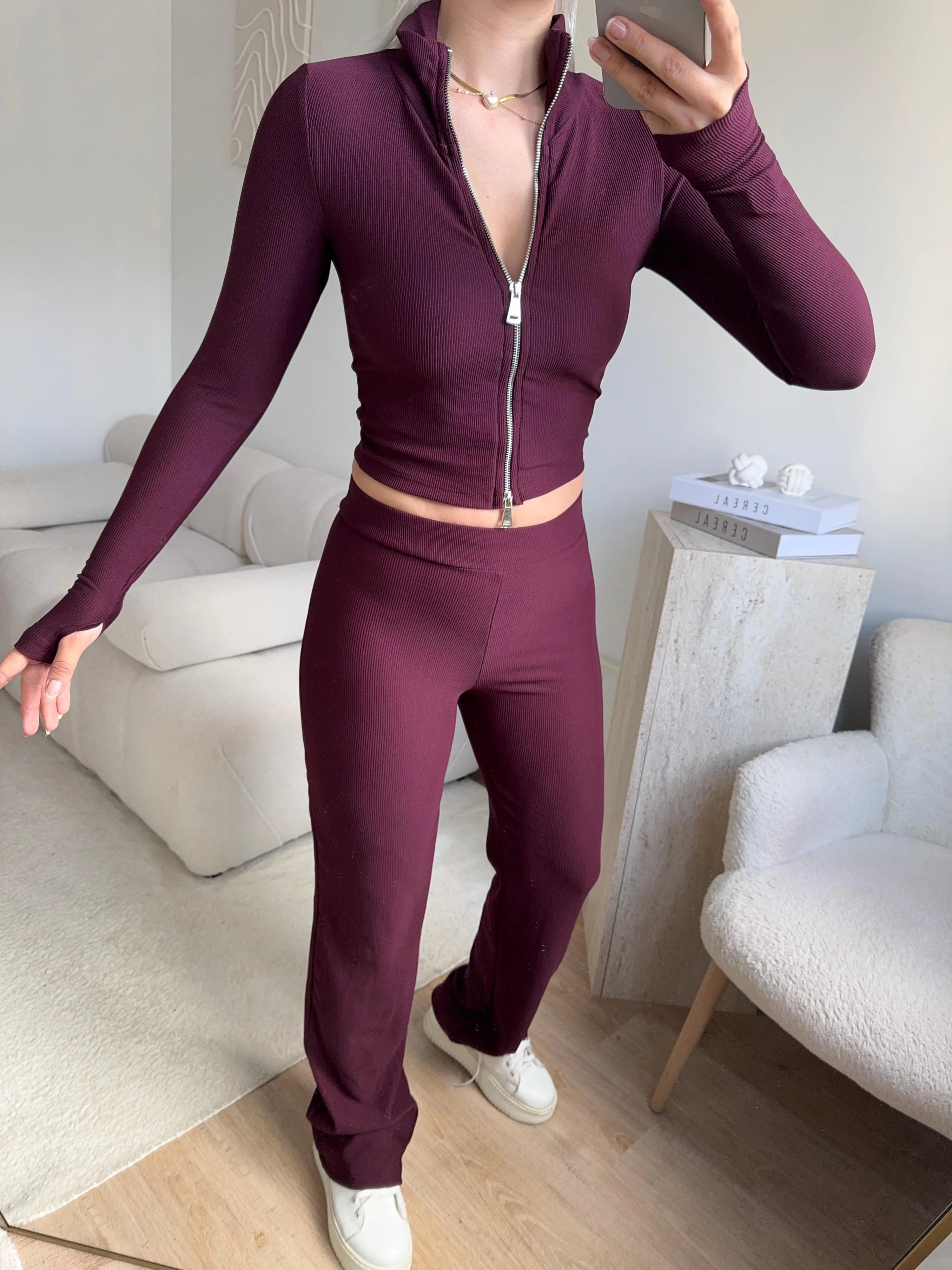 Çift Fermuar Crop & Pantolon Takım - MOR