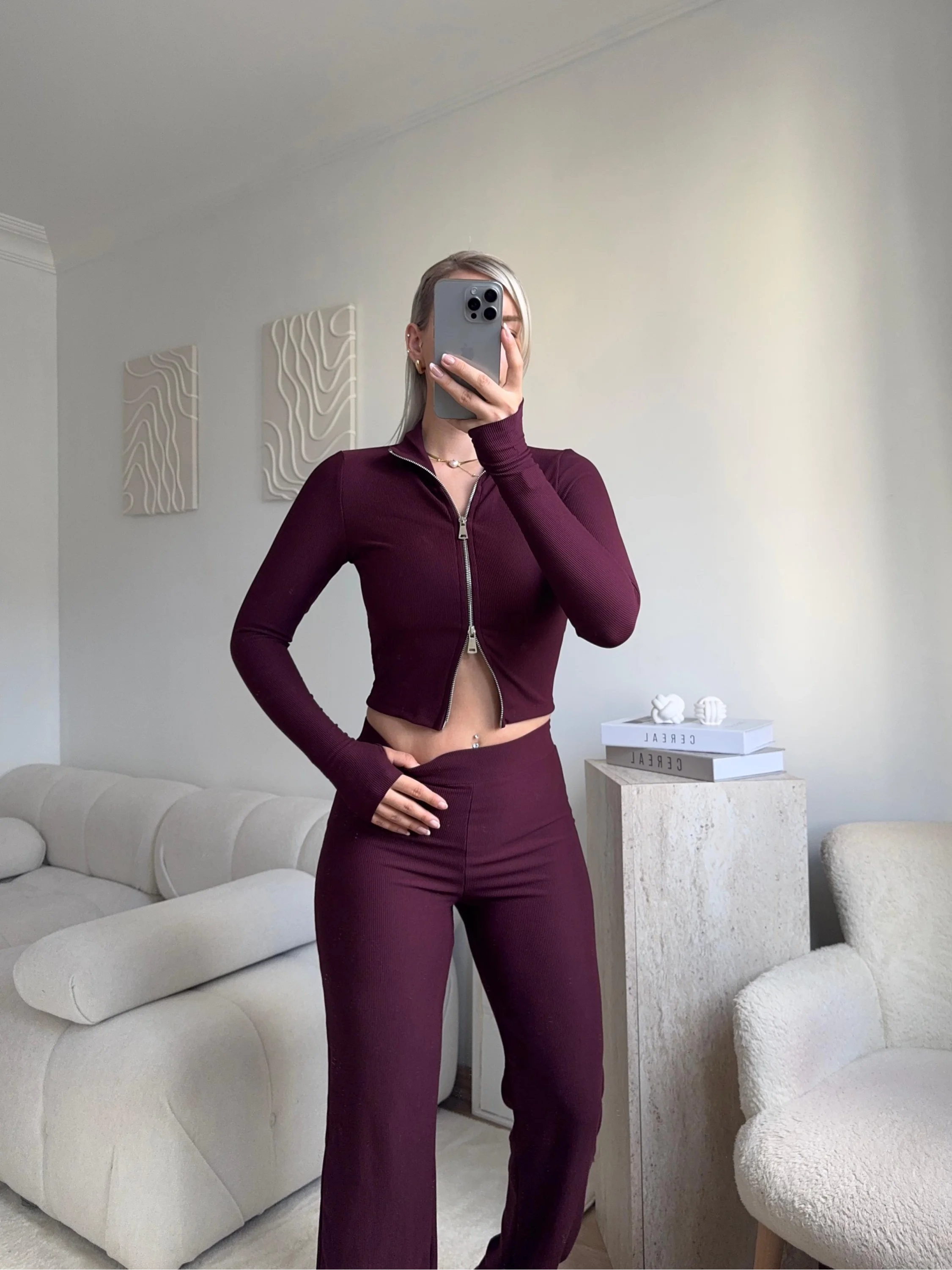 Çift Fermuar Crop & Pantolon Takım - MOR