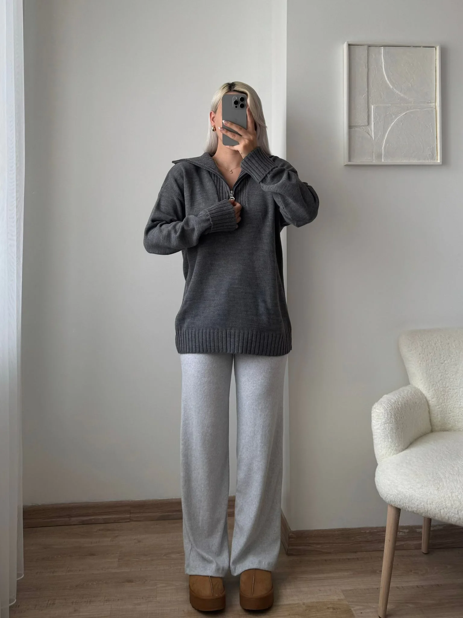 Fermuarlı Yaka Detay Triko Kazak - ANTRASİT