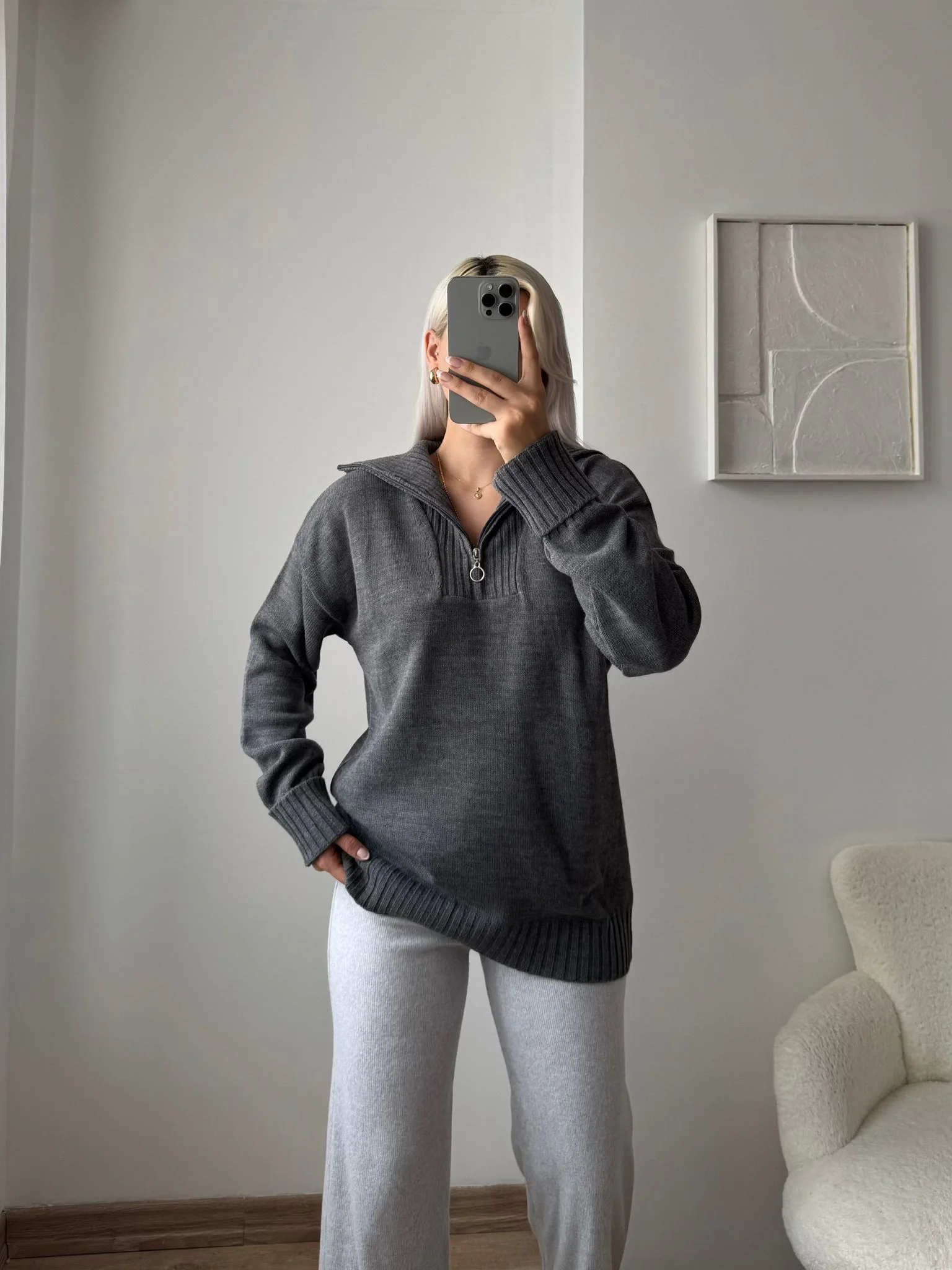 Fermuarlı Yaka Detay Triko Kazak - ANTRASİT