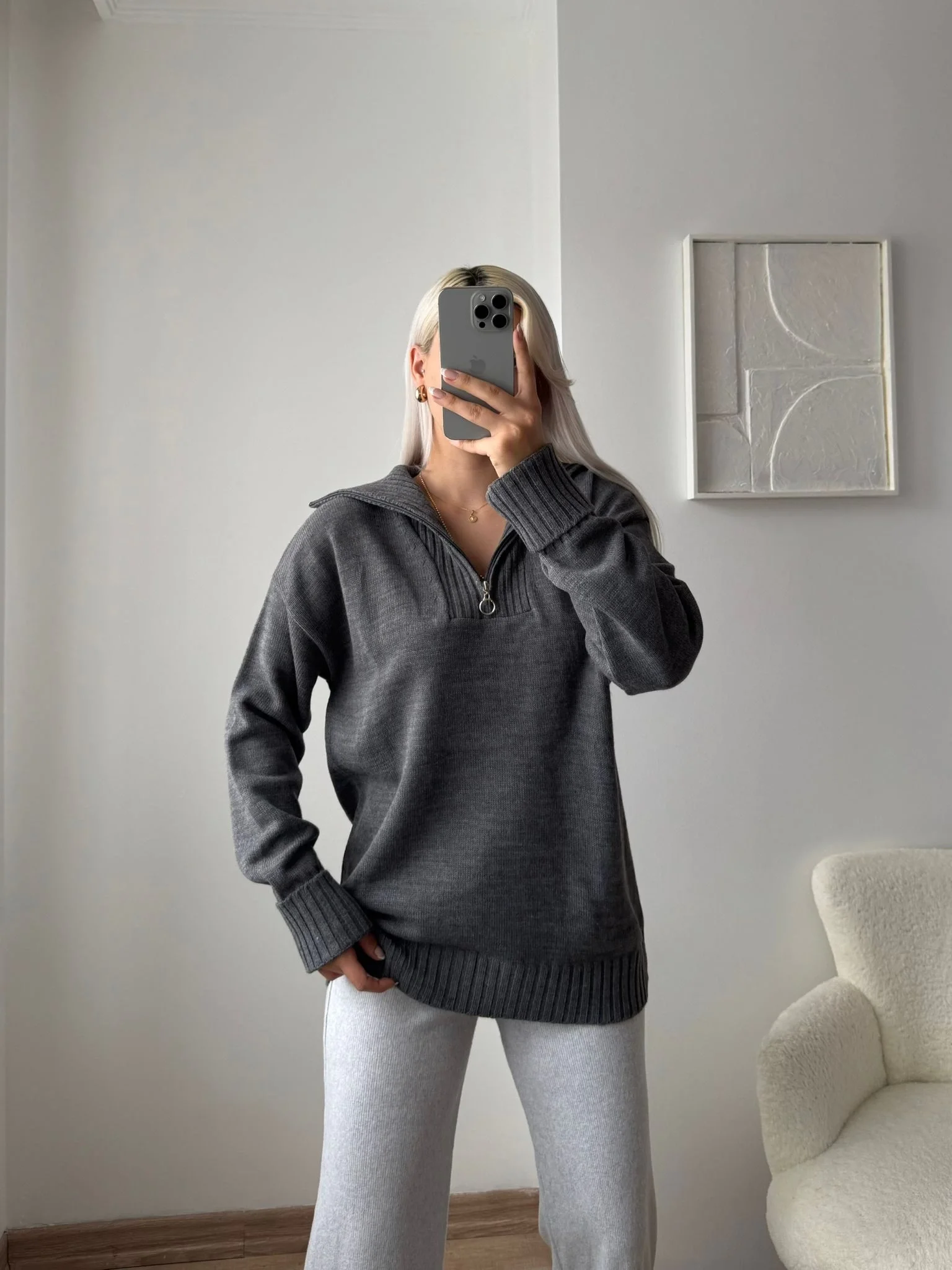 Fermuarlı Yaka Detay Triko Kazak - ANTRASİT