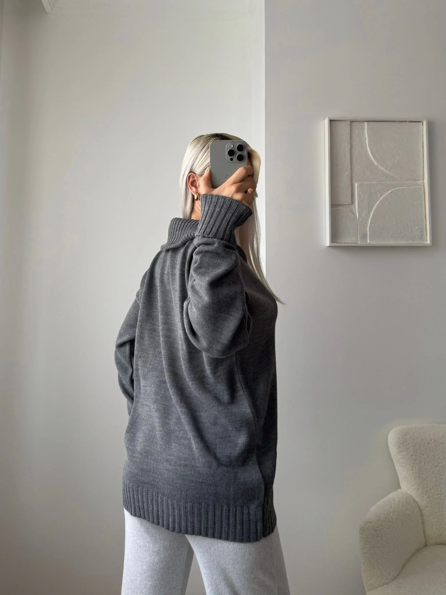 Fermuarlı Yaka Detay Triko Kazak - ANTRASİT