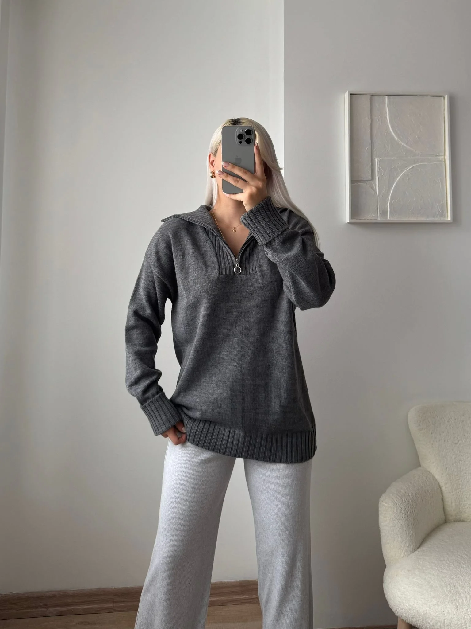 Fermuarlı Yaka Detay Triko Kazak - ANTRASİT