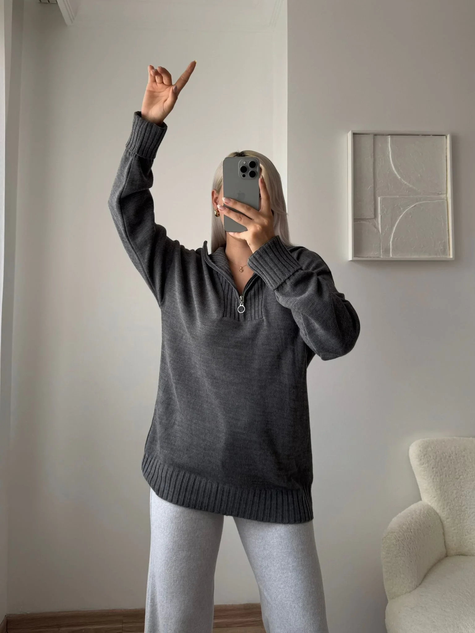 Fermuarlı Yaka Detay Triko Kazak - ANTRASİT