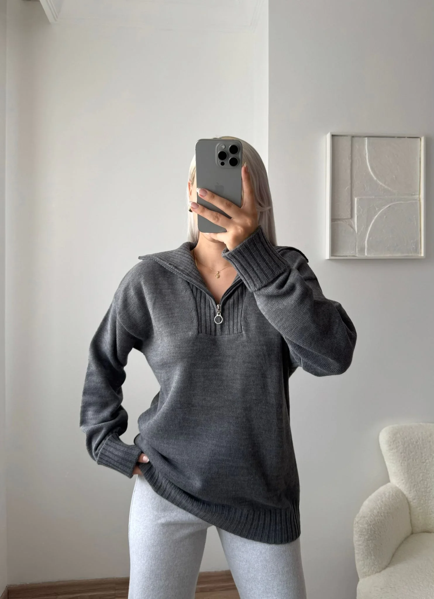 Fermuarlı Yaka Detay Triko Kazak - ANTRASİT