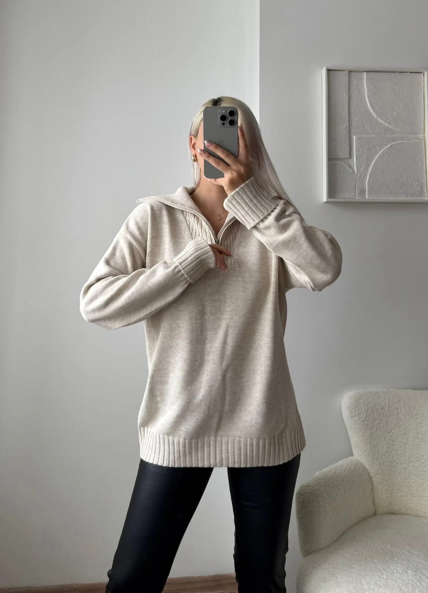 Fermuarlı Yaka Detay Triko Kazak - BEJ