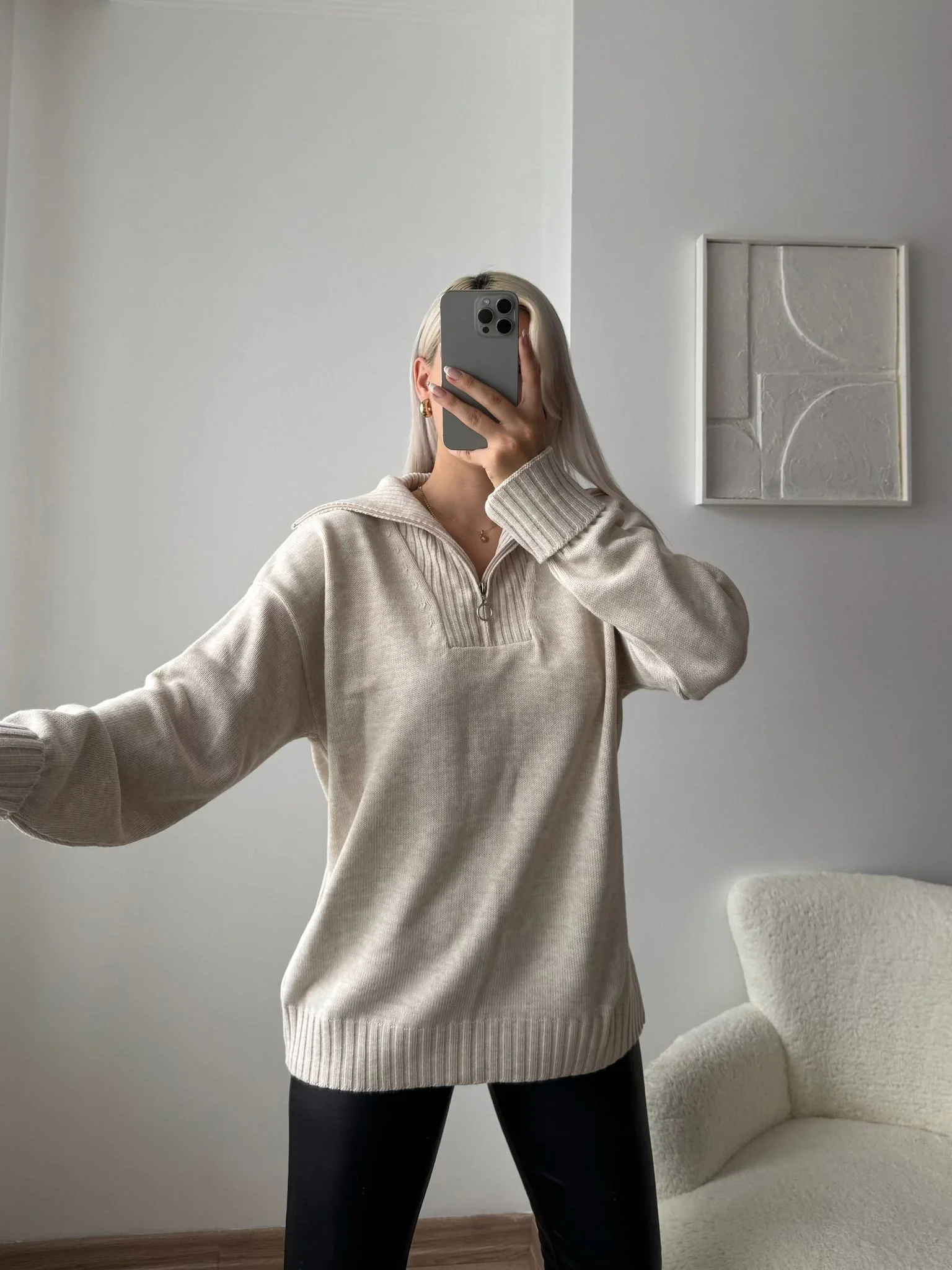 Fermuarlı Yaka Detay Triko Kazak - BEJ