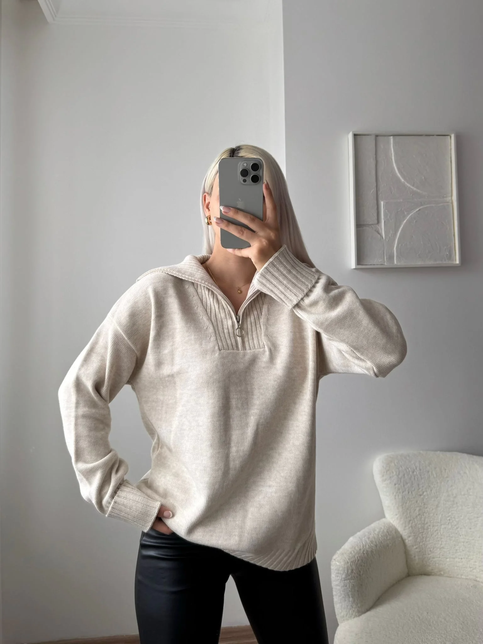 Fermuarlı Yaka Detay Triko Kazak - BEJ