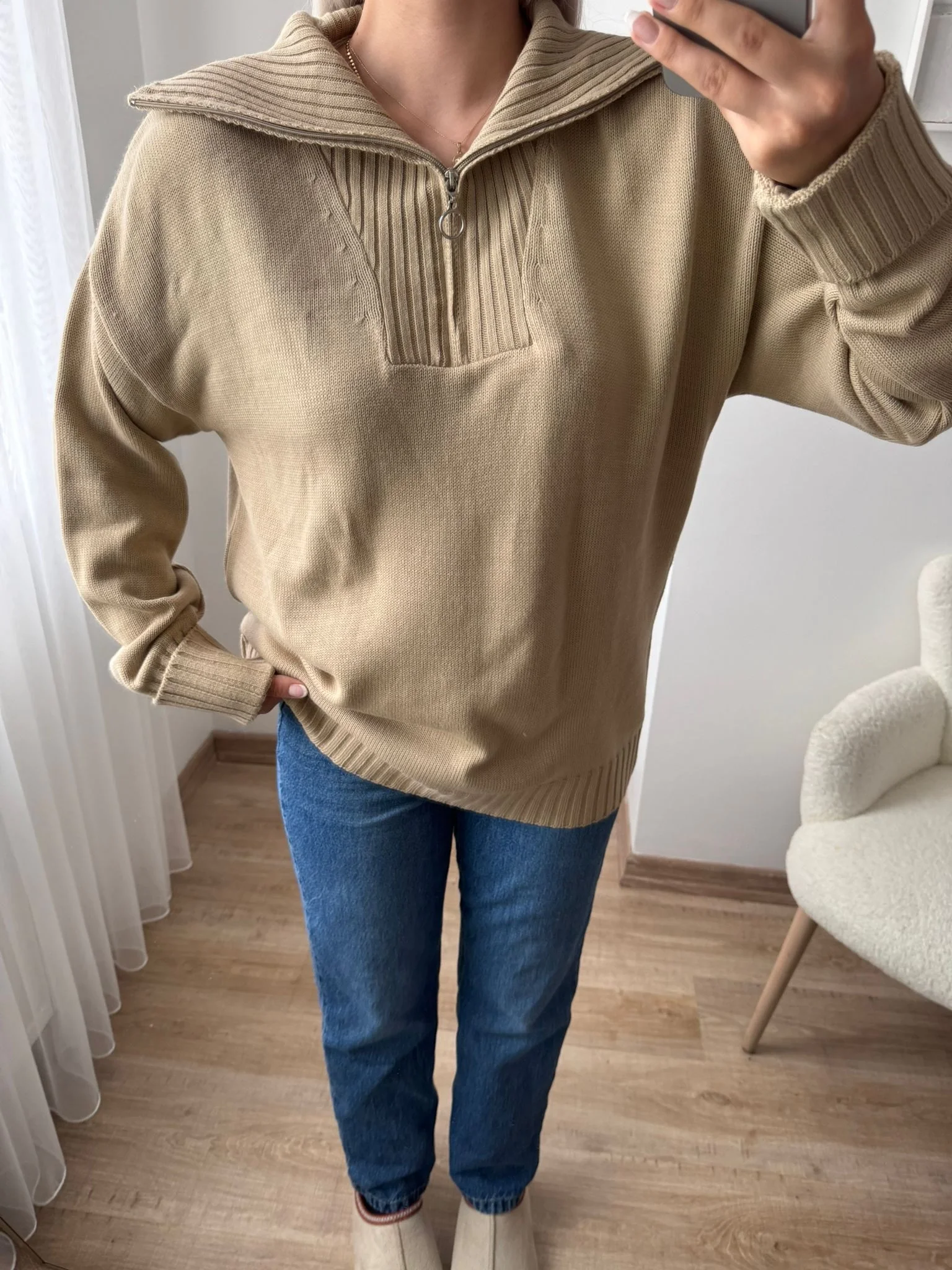 Fermuarlı Yaka Detay Triko Kazak - KAHVE