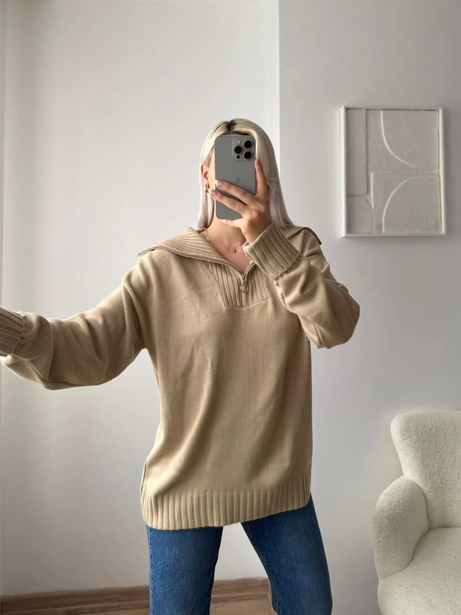 Fermuarlı Yaka Detay Triko Kazak - KAHVE